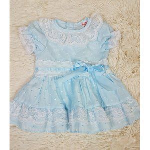 Vtg Winnie the Pooh Sears Roebuck Baby Girl Size 12 Mo. Dress Blue Lace Ruffles